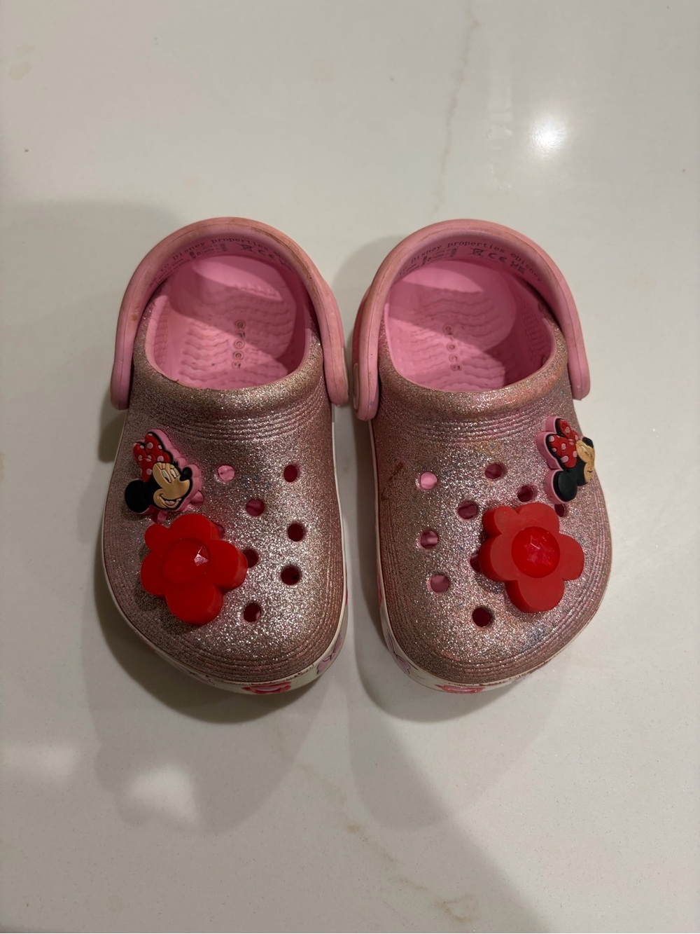 Disney Crocs - Toddler Pink Glitter Light Up Clog Sandals with Red Flower Charm